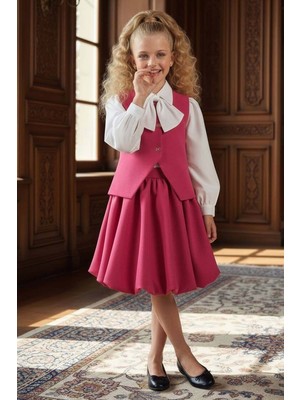 Riccotarz Kız Çocuk Yakasında Kurdela Detaylı Şifon Gömlek ve Yelek, Salaş Pileli Fuşya Etekli Takım