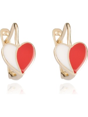 Berk Mücevherat 14 Ayar Altın Kırmızı ve Beyaz Mineli Kalp Figürlü Çocuk Küpe