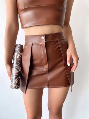 Indispensablely Kontrast Deri Etek Kahve