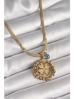 Bazarhane 316L Çelik Gold Renk Italyan Zincir Dorika Yonca Model Nazar Boncuk Detay Kadın Kolye