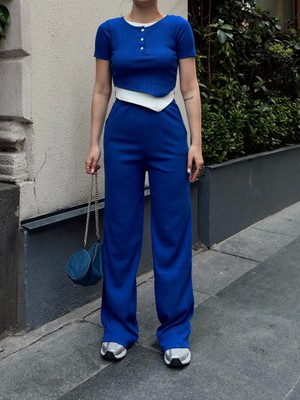 Indispensablely Düğme Yakalı Saks Alt Üst Takım S3943