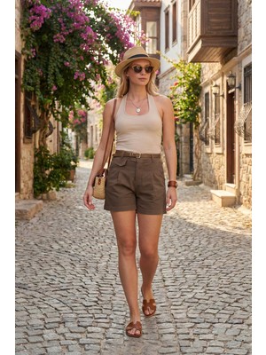 Lela Kemer Detaylı Relaxed Fit Yüksek Bel Pamuklu Şort Bayan Şort 668YP5448