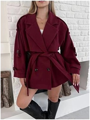 Vess Moda Kadın Kaşe Düğme ve Kuşak Detaylı Kısa Kaşe Kaban Bordo