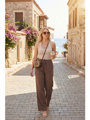 Lela Pamuklu Belden Bağlamalı Yüksek Bel Geniş Paça Cepli Regular Fit Pantolon Bayan Pantolon 668YP4760