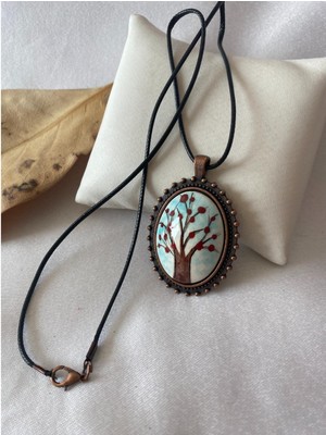 Hediyem Evime Hayat Ağacı Figürlü Çini Kolye Siyah Deri Ipli