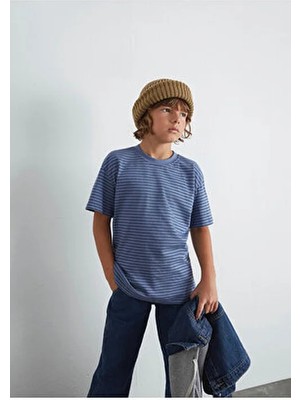 Mavi Çizgili Tişört Loose Fit / Bol Rahat Kesim 6610390-90788