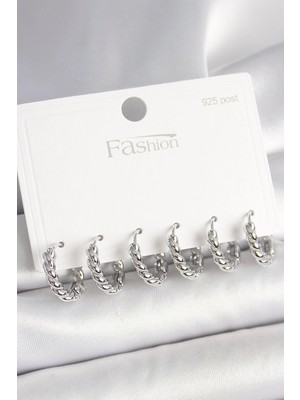 Bazarhane 925 Ayar Gümüş Çivi Pirinç Gümüş Renk Sarmal Halka Model Kadın Küpe Seti