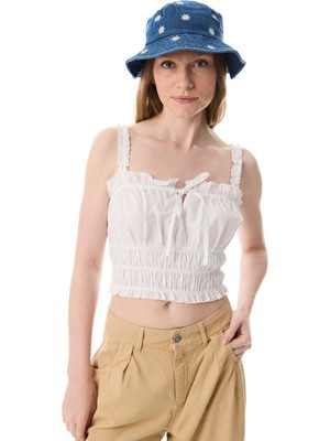 Kare Yaka Fırfırlı Kolsuz Crop Bluz