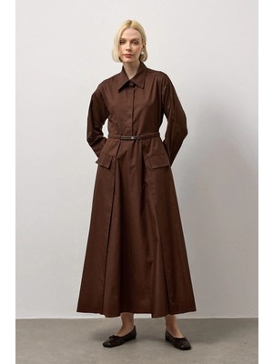 Molene Kahverengi Kemerli Gömlek Yaka Uzun Elbise