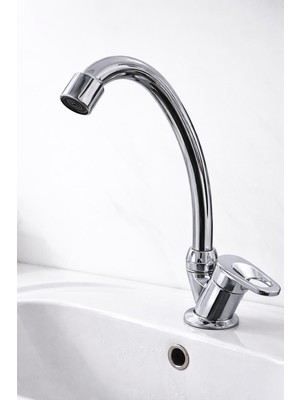 Akçay Tezgah Üstü Tek Girişli Mix Lavabo-Mutfak Bataryası, Krom-Döner Borulu Musluk