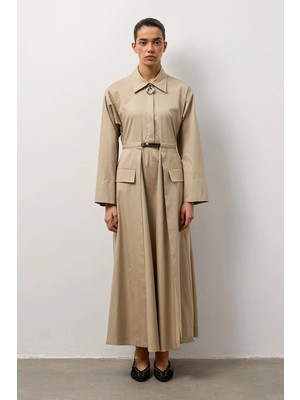 Molene Bej Kemerli Gömlek Yaka Uzun Elbise