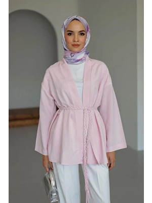 Moonsc Kadın Regular Fit V Yaka Kemerli Standart Beden Pembe Kimono