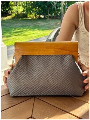 Jophiel Bahram Petite - Zincirli, Ahşap Burslu Kumaş Çanta, Clutch, El Çantası, Kol Çantası, Omuz Çantası