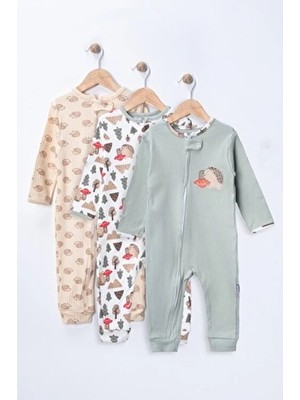 Mıdırık Unisex Erkek Bebek Kız Bebek %100 Pamuklu 9- 18 Ay Fermuarlı 3'lü Kirpi Desenli Manşetli Tulum Seti