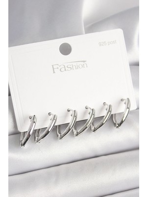 Bazarhane 925 Ayar Gümüş Çivi Pirinç Gümüş Renk Üçgen Model Kadın Küpe Seti