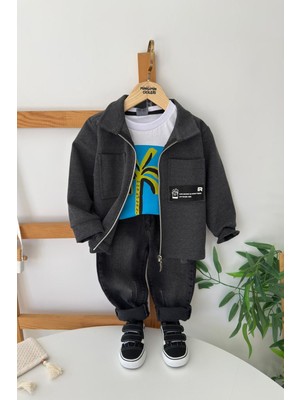 Miniğimin Cicileri Çift Cepli Ceketli Kotlu Erkek Çocuk 3 Lü Takım - Gri