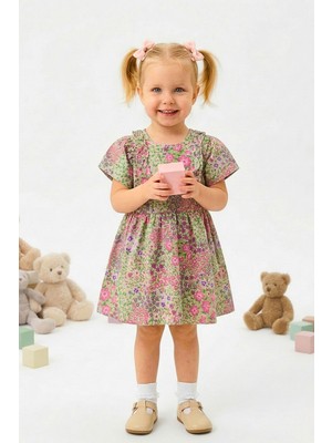Lupinn Kız Çocuk Çiçek Desenli Elbise Kısa Kollu Rahat Kesim Yazlık Şık Çocuk Elbise