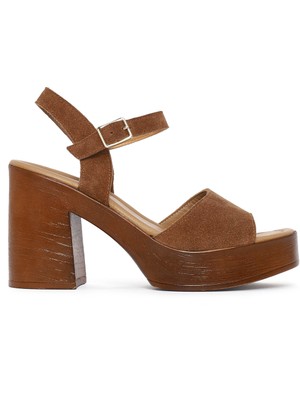 Derimod Kadın Taba Tokalı Platform Kalın Topuklu Süet Deri Sandalet 26SFD181710