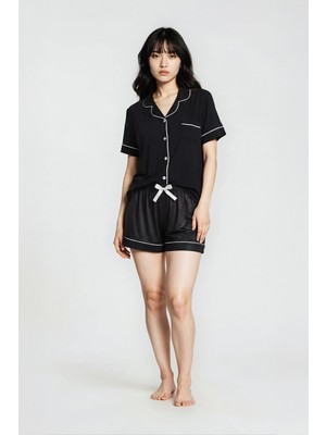 Ecrou Kadın Siyah Düz Viskon Bebe Yaka Kısa Kol Şort Pijama Set