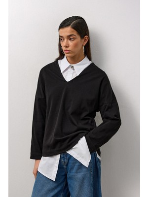 Molene Siyah V Yaka Uzun Kollu Basic T-Shirt