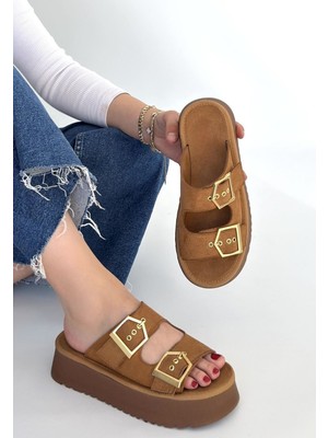 Shoegar Coer Taba Süet Çift Tokalı Terlik