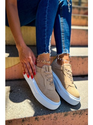 Zerenyus ZRC187 Kalın Taban Ortopedik Kadın Kum Bej Sneakers