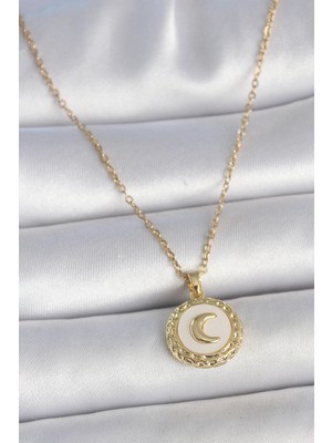 Bazarhane 316L Çelik Gold Renk Zincir Beyaz Mineli Hilal Işlemeli Madalyon Model Kadın Kolye