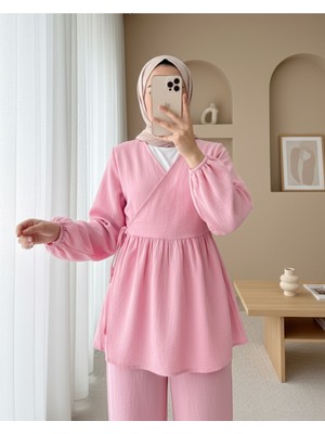 Modamorfo Kolu Lastikli Ip Bağcıklı Müslin Takım  -Pudra