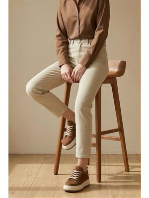 İmaj Butik Bej Yüksek Bel Mom Jeans Pantolon