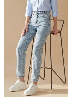 İmaj Butik Buz Mavi Yüksek Bel Mom Jeans Pantolon