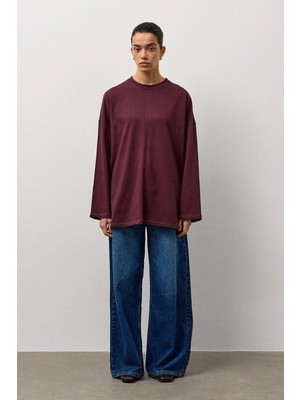 Molene Bordo Oversize Kesim Uzun Kollu Basic T-Shirt
