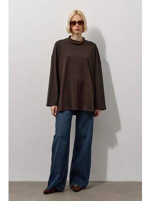 Molene Kahverengi Oversize Kesim Uzun Kollu Basic T-Shirt