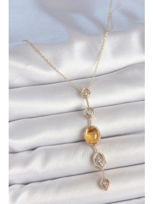 Bazarhane Pirinç Zincir Kehribar Sarı Gold Renk  Zirkon Taşlı Y Kolye