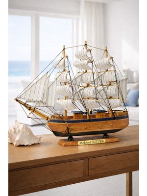 Home Dekor Hediye Isime Kişiye Özel Dekoratif Premium Ahşap El Yapımı Yelkenli Gemi Maketi 40X40 cm Biblo Hediye 532-B