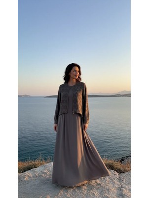 Nuss Ipek Cupra Ceketli Uzun Tasarım Elbise 2031 Vizon