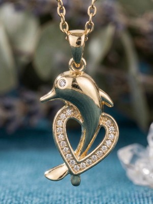 Meneva Aksesuar Zirkon Taşlı Yunus ve Kalp Figürlü Altın Gold Renk Çelik Kolye