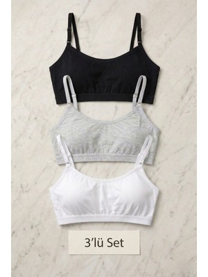 3'lü Set Pamuklu Basic Bralet | Çıkarılabilir Pedli, Ayarlanabilir Ip Askılı - Siyah + Beyaz + Gri