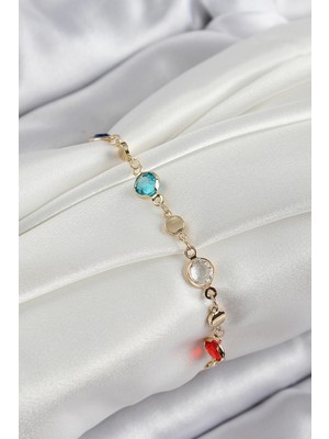 Bazarhane Pirinç Karışık Renk Zirkon Taşlı Gold Renk Kadın Bileklik