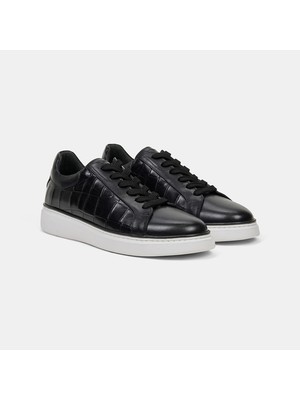 Desa Erkek Siyah Bağcıklı Kroko Baskılı Deri Sneaker