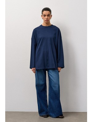 Molene Lacivert Oversize Kesim Uzun Kollu Basic T-Shirt
