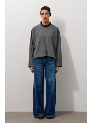 Molene Antrasit Dikiş Detaylı Bisiklet Yaka Basic T-Shirt