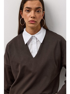 Molene Kahverengi V Yaka Uzun Kollu Basic T-Shirt