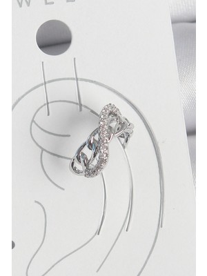 Bazarhane Pirinç Gümüş Renk Zirkon Taşlı Zincir Sonsuzluk Model Kadın Kıkırdak Küpe