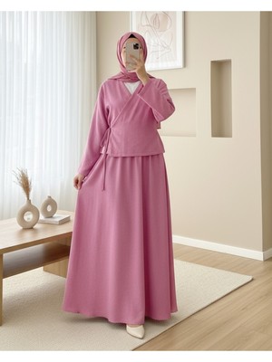 Moda Morfo Yandan Bağlamalı Etekli Keten Takım   -Pembe