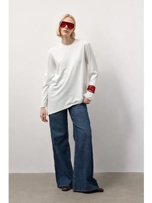 Molene Beyaz Asimetrik Kesim Basic Uzun Kollu T-Shirt