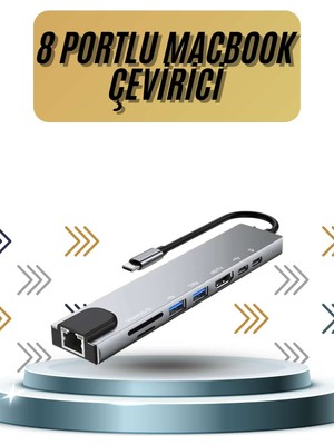 MK Beykoz 8 Portlu Macbook Çevirici Type C Hub  Sd Tf USB Çoğaltıcı Ethernet - KE002Q-78ZMR1