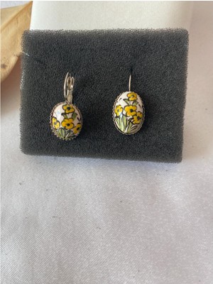 Hediyem Evime Sarı Çiçek Figürlü Çini Küpe Gümüş Renk