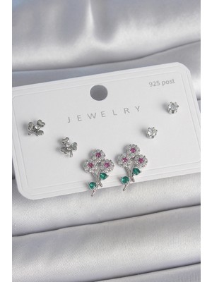 Bazarhane Pirinç Gümüş Renk Renkli Zirkon Taşlı Çiçek Model Yaprak Detay 925 Ayar Gümüş Çivi Kadın Küpe Seti