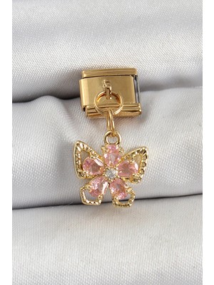 Bazarhane 316L Çelik Sallantılı Zirkon Taşlı Çiçek Figürlü Kelebek Model Gold Renk Nomination Charm