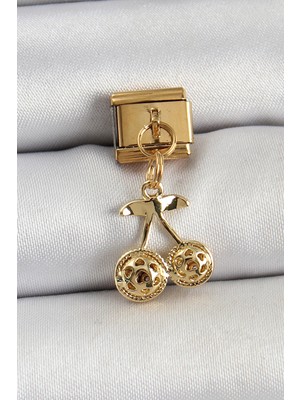 Bazarhane 316L Çelik Sallantılı Zirkon Taşlı Fiyonk Model Gold Renk Nomination C316L Çelik Sallantılı Kiraz Model Gold Renk Nomination Charm